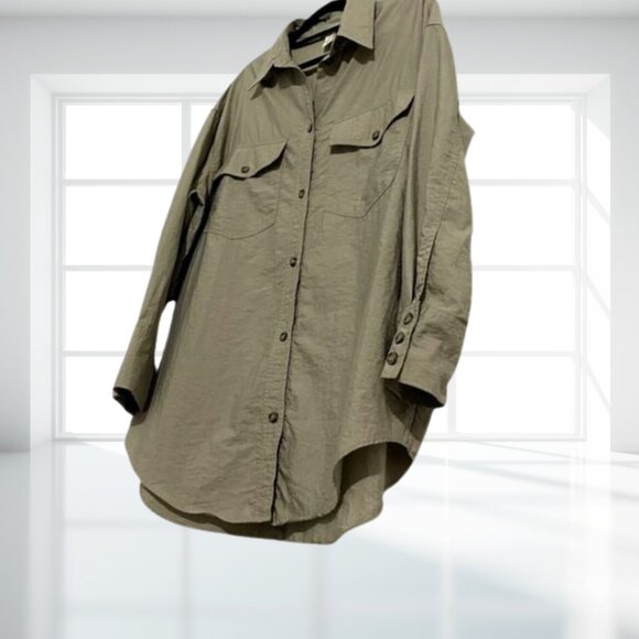 H&M Khaki Long Sleeve Button Down Oversized Collared Shirt With Pockets - Picture 4 of 9